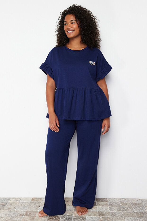 Lacivert Örme Nakışlı Volanlı Pijama Takımı TBBSS22PT0565 - 1