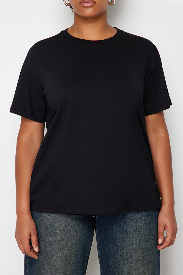 Siyah Boyfriend Fit Yanda Çıt Çıt Detaylı %100 Pamuk Örme Büyük Beden T-shirt TBBSS24BF00000 - 4