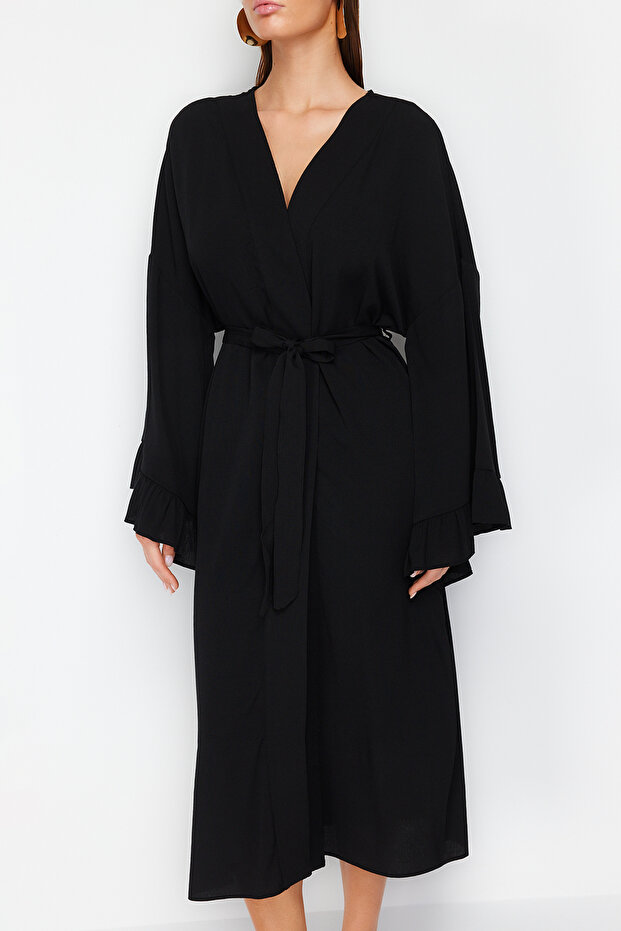 Plaj Giyim Siyah Dokuma Fırfırlı Kuşaklı Maxi Kimono&Kaftan TBESS24KM00026 - 5