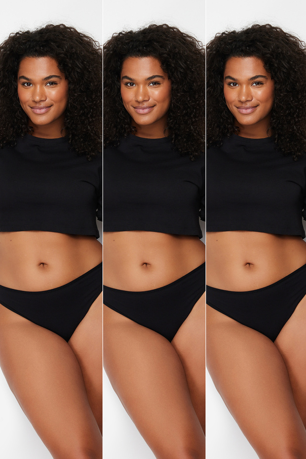 Siyah 3'lü Paket Pamuklu Brazilian Örme Esnek Büyük Beden Külot TBBAW24CM00010 - 3