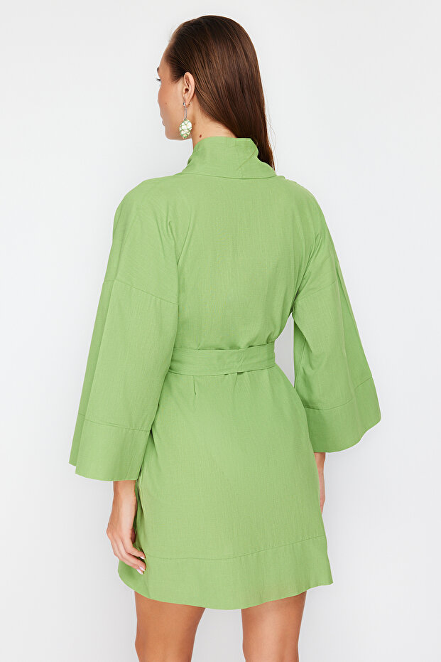 Yeşil Dokuma Plaj Mini Kuşaklı Kimono&Kaftan TBESS23KM00080 - 4