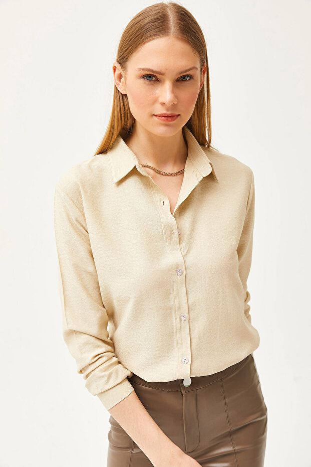 Women's Leopard Stone Jacquard Satin Detailed Woven Shirt GML-19001173