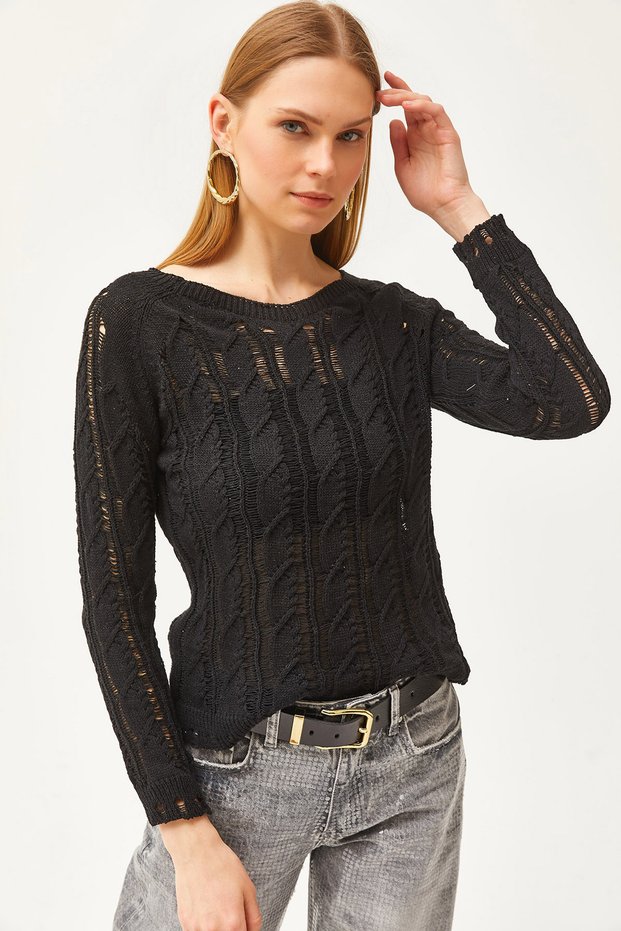 Women's Black Hair Braid Detailed Seasonal Knitwear Blouse BLZ-19002511