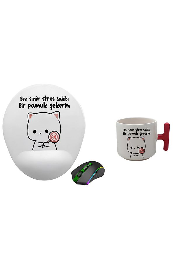 BEN SİNİR STRES SAHİBİ BİR PAMUK ŞEKERİM  YAZILI MOCHİ CAT  BASKILI MOUSE PAD + KUPA SET - 1