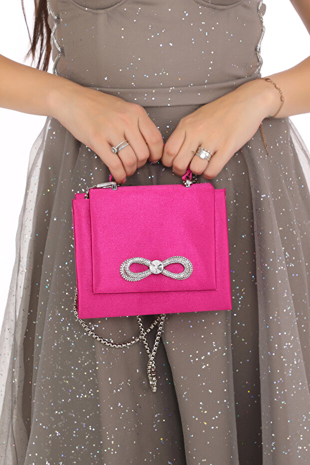 Fuchsia Color Satin Fabric Stoned Evening Bag with Magnetic Cover and Strap Width: 17.5 cm Length: 14 cm