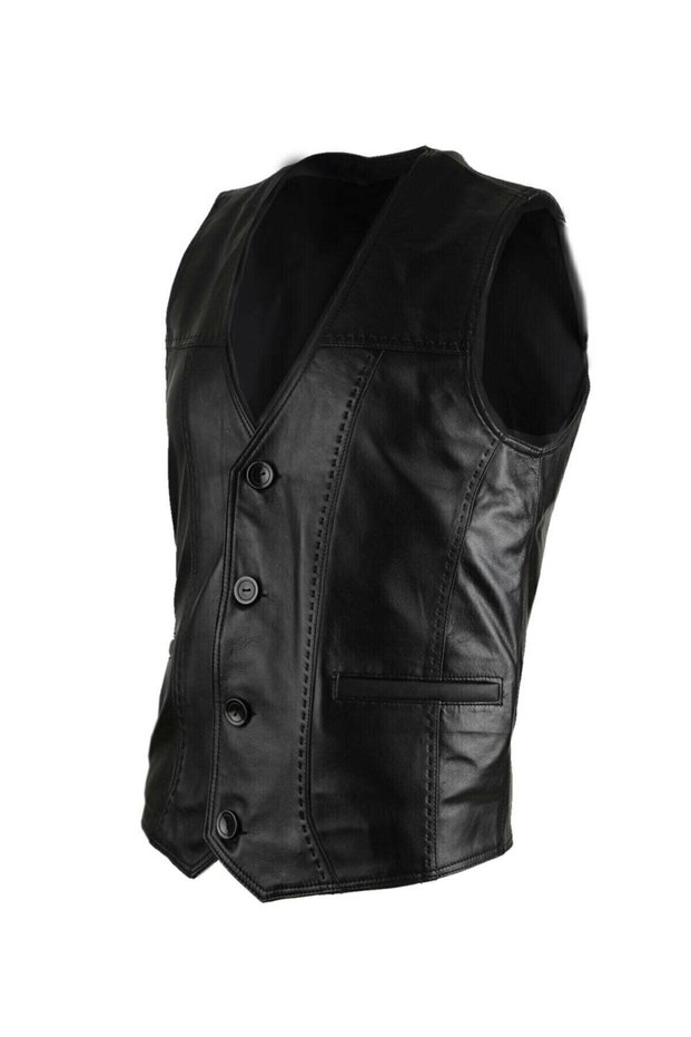 Genuine Leather Black Punto Stitched Vest