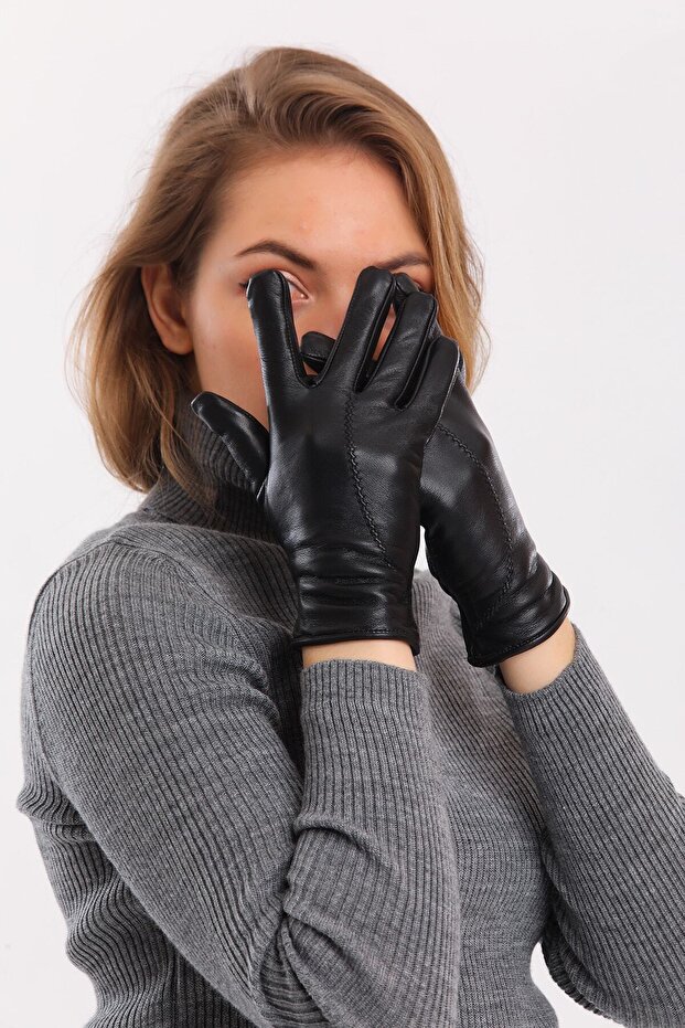 Kadın Siyah Hakiki Deri Eldiven - 4