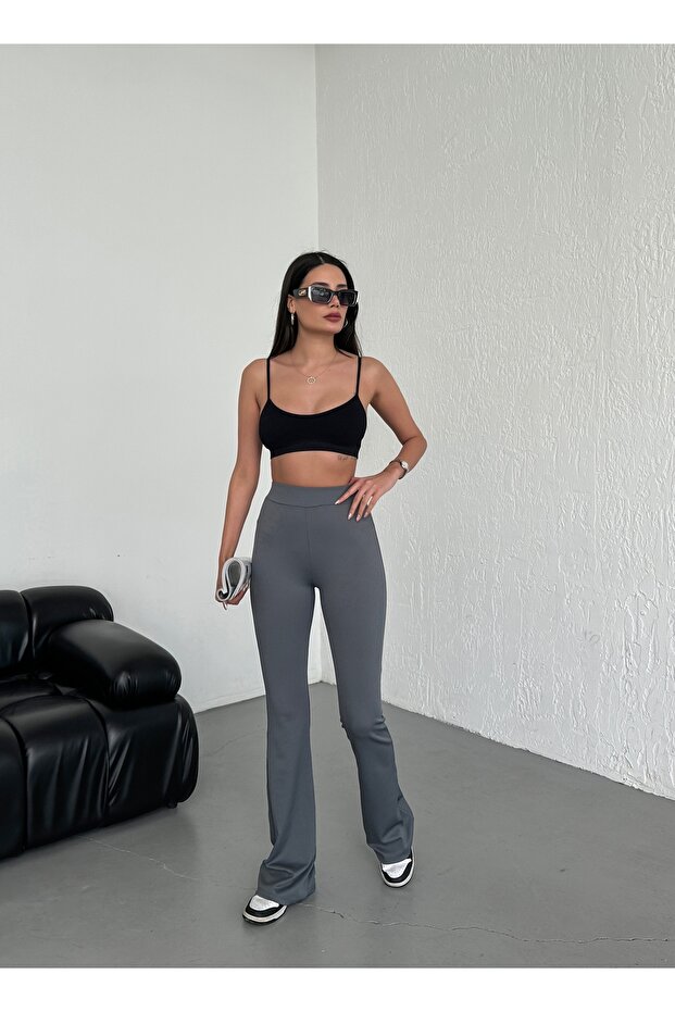 Women's Anthracite High Waist Ribbed Flared Leg Leggings