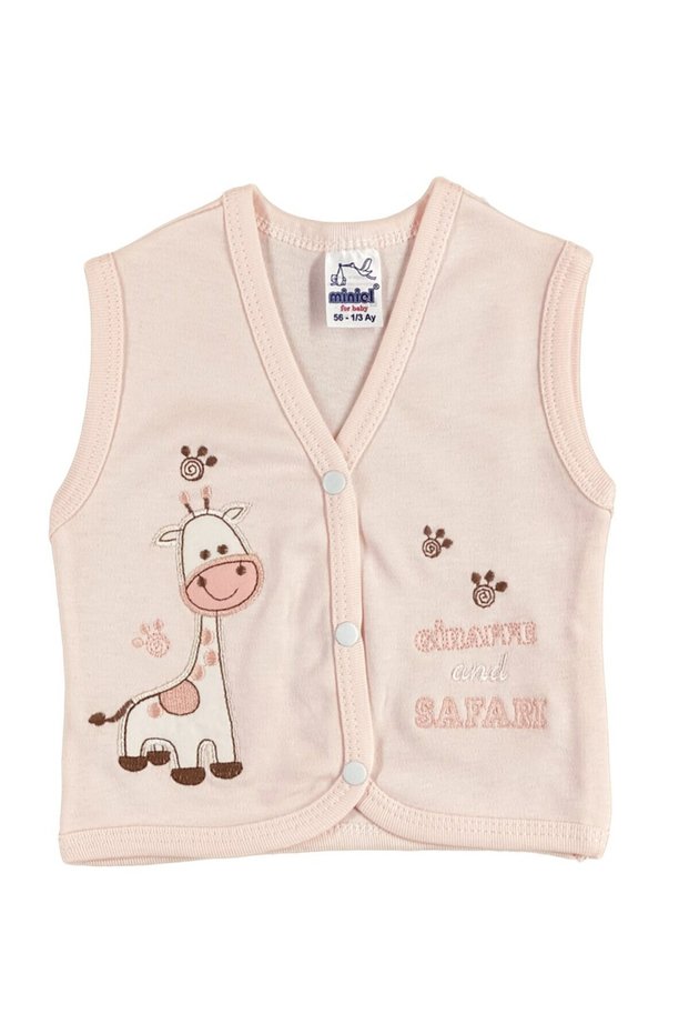 Baby Girl Giraffe Embroidered Organic Cotton 3-6-9 Months Combed Cotton Baby Vest - Salmon