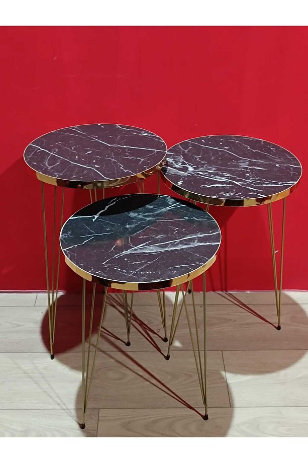 Siyah Mermer Desenli Üçlü Zigon Sehpa,Gold Metal Ayaklı Zigon Sehpa,Siyah Zigon Sehpa Seti - 1