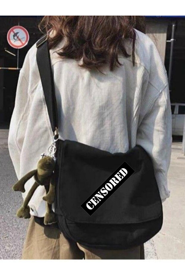 Black Censored Printed Unisex Messenger Bag with Strap
