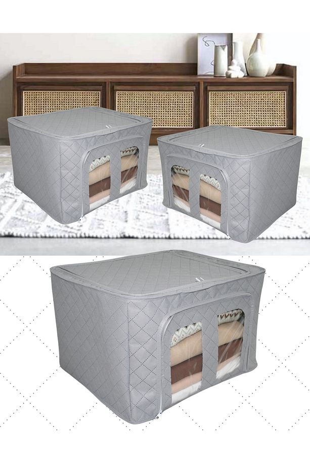 3 Adet Pencereli Çelik Destek Önden Açılır Gri Dolap Organizer Saklama Kutusu Telli Hurç 40x50x30 - 1