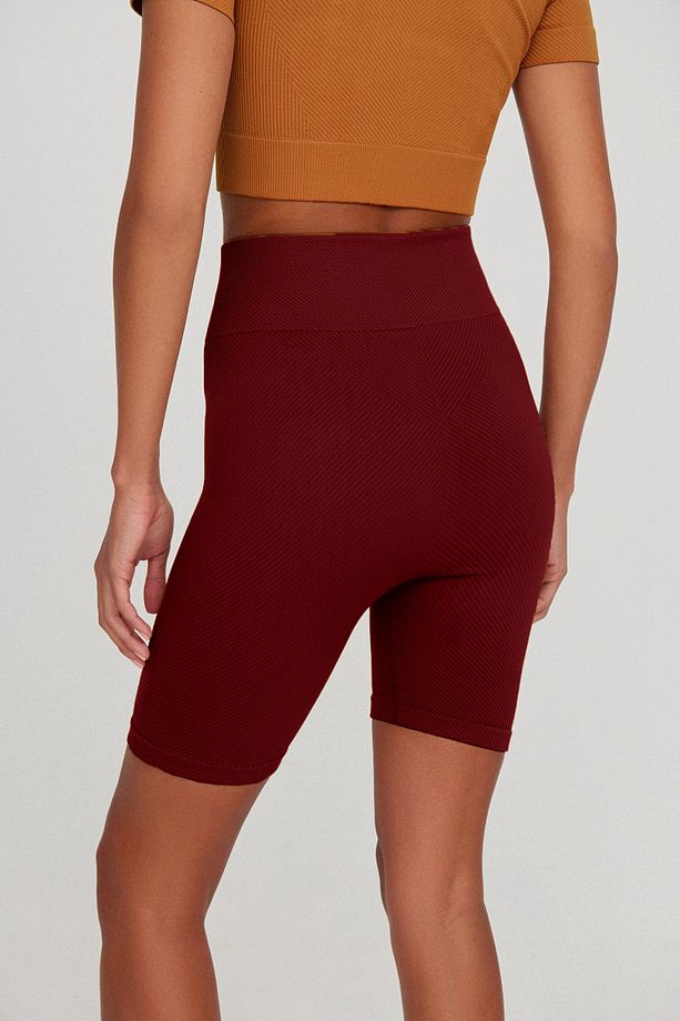 Felolin Model Fitilli Örme Model Seamless Sporcu Şortu Bordo Renk - 4