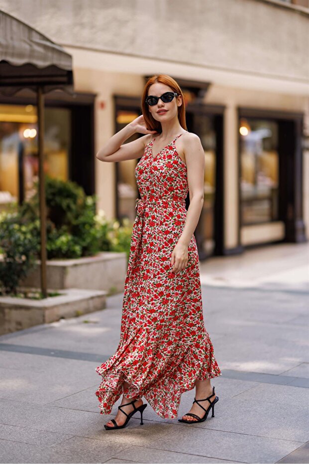 White Red Floral Strappy Belted Ruffle Dress