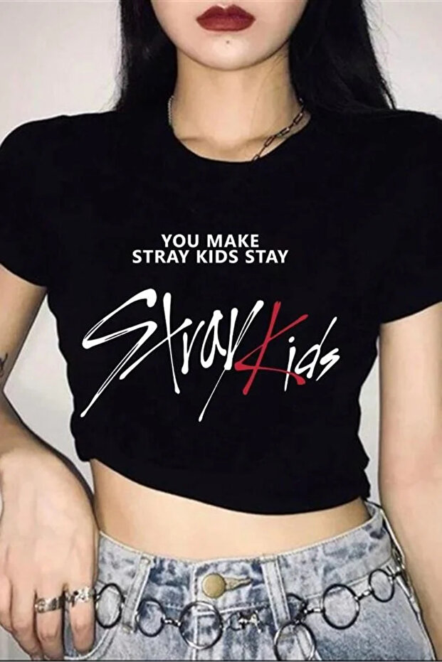 Black Stray Kids Text Detail Half T-Shirt Body Crop