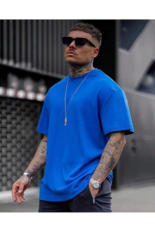Blue Plain Unprinted Trend Oversize T-shirt