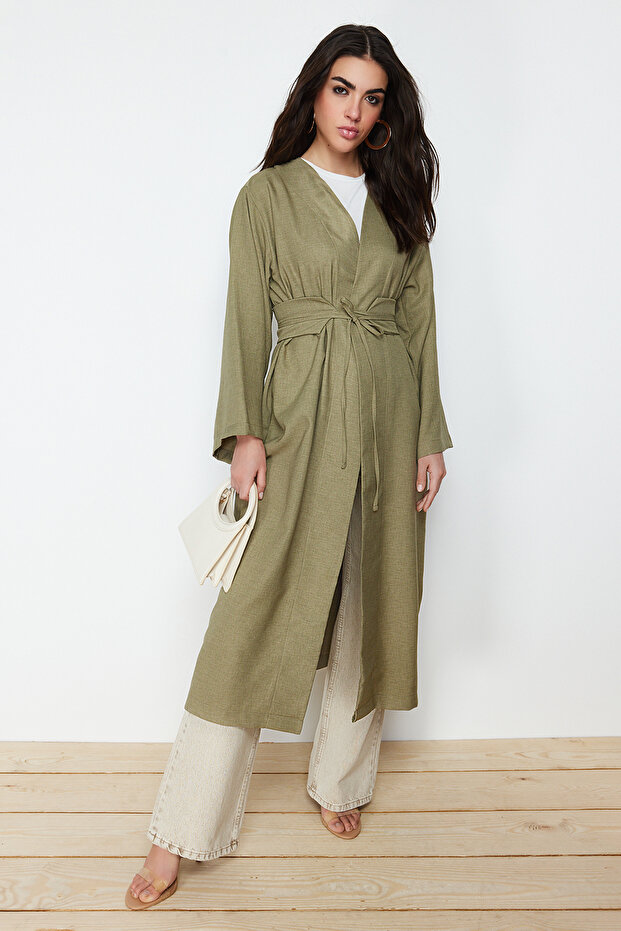 Haki Beli Bağlama Detaylı Keten Görünümlü Dokuma Kimono & Kaftan TCTSS24KK00001 - 6