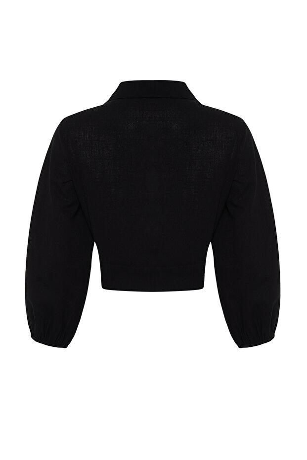 Siyah Dokuma Bağlamalı Plaj Crop Bluz TBESS24BZ00006 - 15