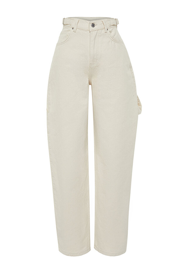 Ekru Bol Kesim Yüksek Bel Carpenter Loose Baggy %100 Pamuk Non-Stretch Jeans TWOAW24JE00308 - 16