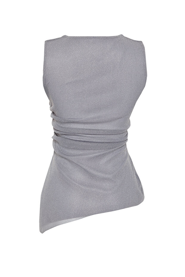 Gri Tül Büzgülü Regular/Normal Kalıp Sıfır Kol Esnek Örme Bluz TWOSS24BZ00315 - 8