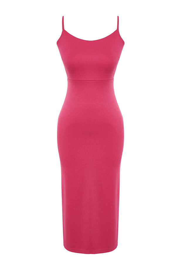 Fuşya Cut Out Detaylı Yırtmaçlı Vücuda Oturan Askılı Midi Esnek Örme Kalem Elbise TWOSS24EL00139 - 7