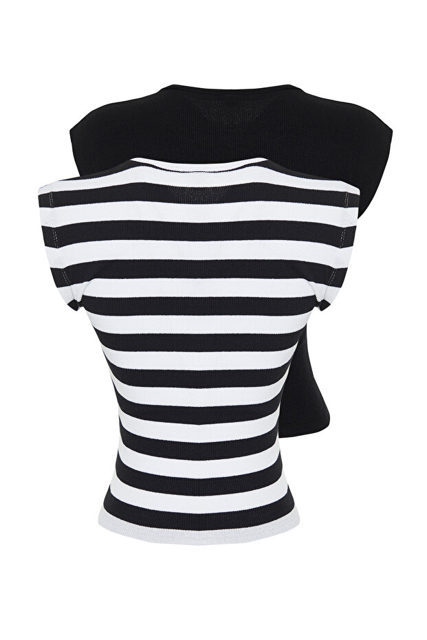 Siyah-Çok Renkli 2'li Paket Çizgili ve Düz Fitilli Crop Ay Kol Esnek Örme Bluz TWOSS24BZ00367 - 8