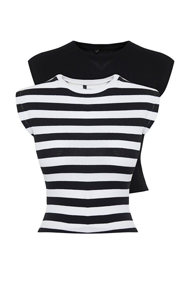 Siyah-Çok Renkli 2'li Paket Çizgili ve Düz Fitilli Crop Ay Kol Esnek Örme Bluz TWOSS24BZ00367 - 7