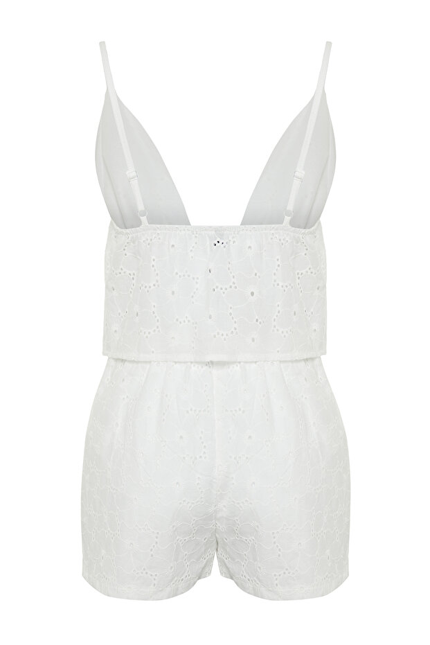 Beyaz Çiçekli Astarlı Kendinden Desenli Şortlu Dokuma Pijama Takımı THMSS24PT00075 - 12