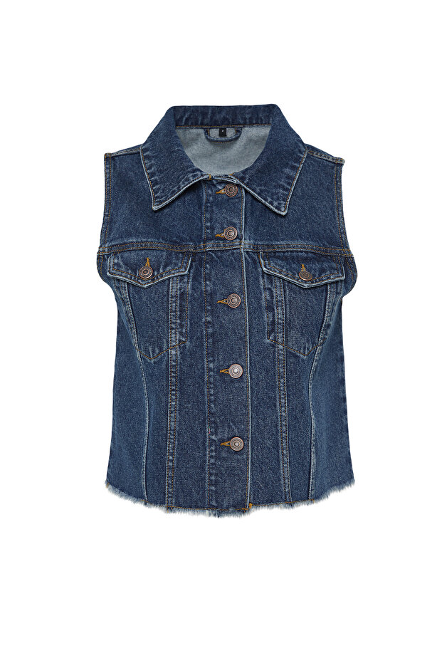 Koyu Mavi More Sustainable Crop Denim Yelek TWOSS24YE00029 - 7