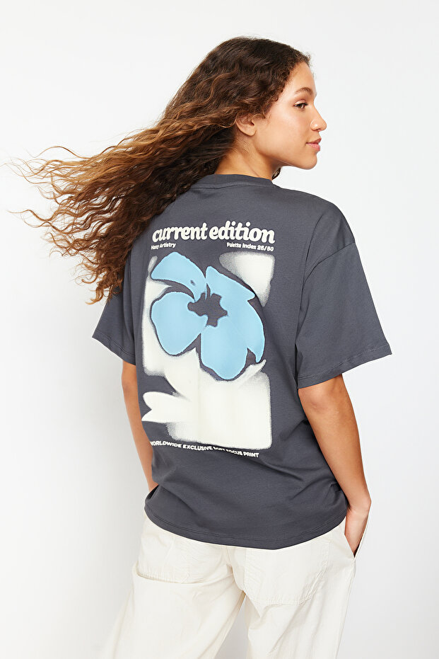 Anthracite 100% Cotton Back and Front Oversized/Wide Fit Knitted T-Shirt TWOSS24TS00056