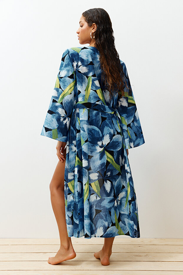 Plaj Giyim %100 Pamuk Çiçek Desenli Dokuma Kuşaklı Maxi Kimono&Kaftan TBESS24KM00014 - 4