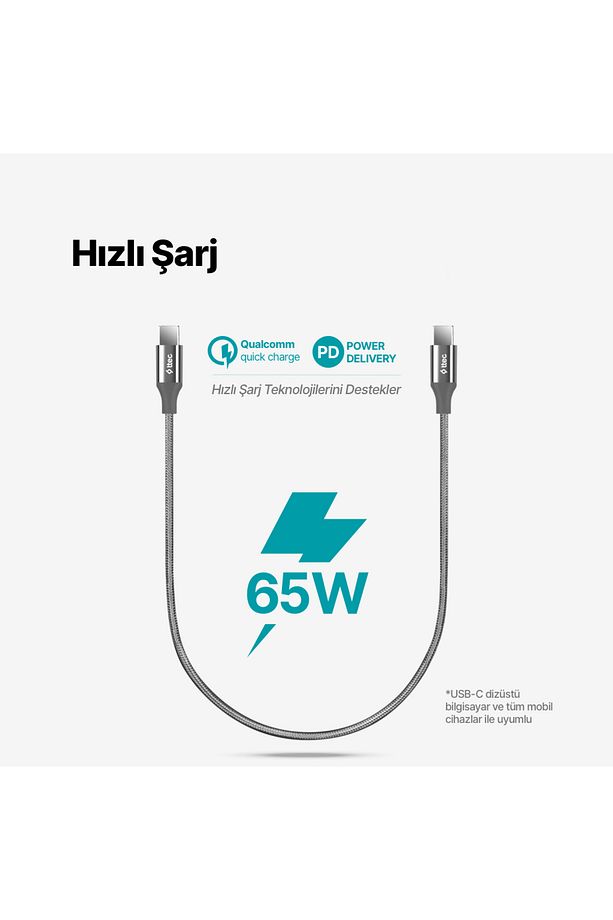 AlumiCable USB-C - USB-C 30cm 65W PD/QC Hızlı Şarj/Data Kablosu Uzay Grisi - 2