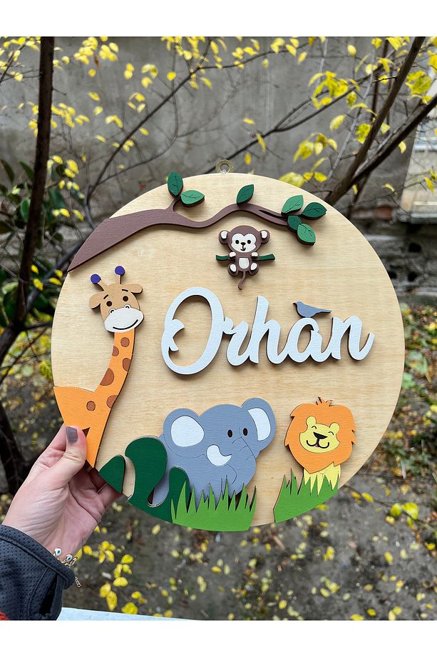 Özel Tasarım Hastane Hediyelik Orman Safari Hayvanlı Aslan Zürafa Bebek Ahşap Kapı Süsü - 3
