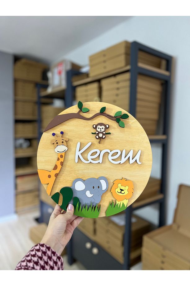 Özel Tasarım Hastane Hediyelik Orman Safari Hayvanlı Aslan Zürafa Bebek Ahşap Kapı Süsü - 5