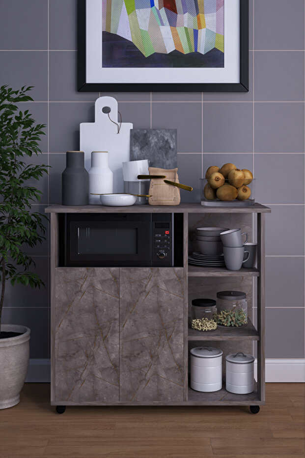 2 Kapaklı Çok Amaçlı Şık Mikro Dalga Fırın Dolabı Gri - 4