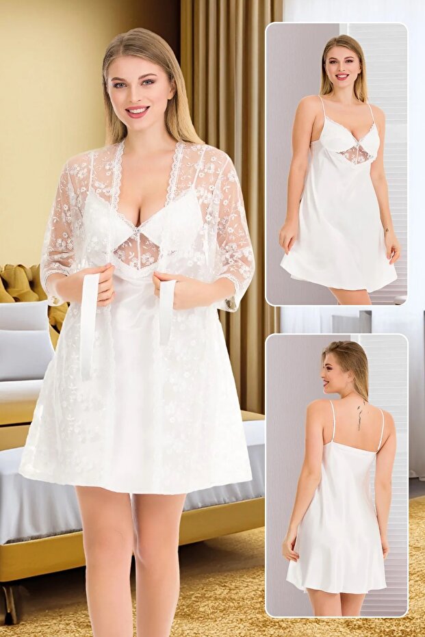 White Lace Dressing Gown Embroidery Satin Nightgown Set