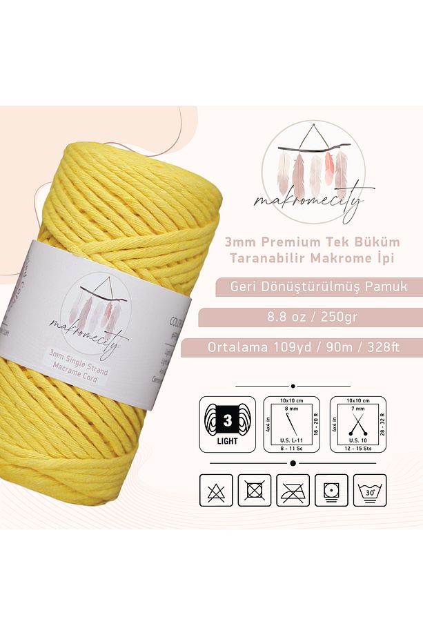 Taranan Makrome Ipi 3mm Taranabilir Pamuk Makrome Ipi Makrame Ipi Sarı - 3