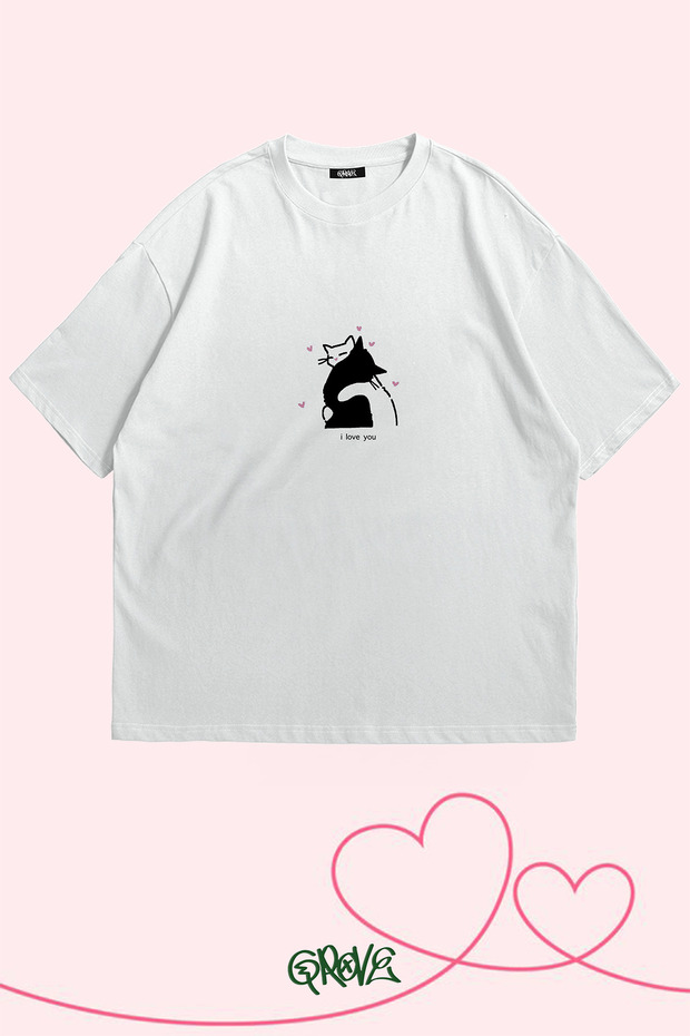 Lover Cat Printed Valentine's Day Couple Oversize T-Shirt