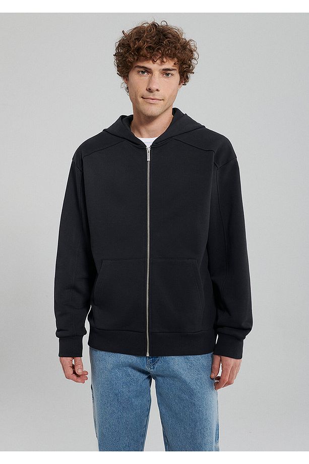 Erkek Kapüşonlu Fermuarlı Siyah Basic Sweatshirt 0S10095-900 - 3