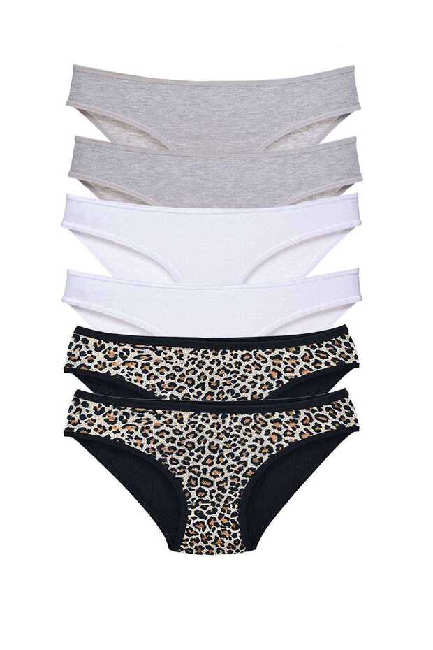 6 Pieces Lycra Women's Slip Panties Leopard Gray White
