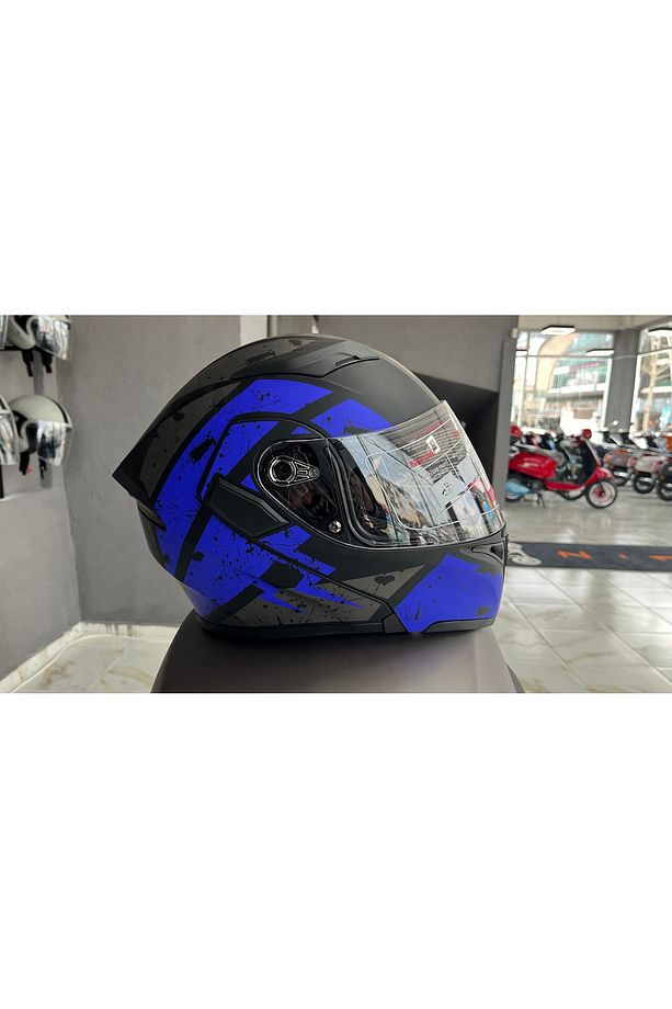 902 Mat Mavi Mat Siyah Çene Açılır Kask - 2