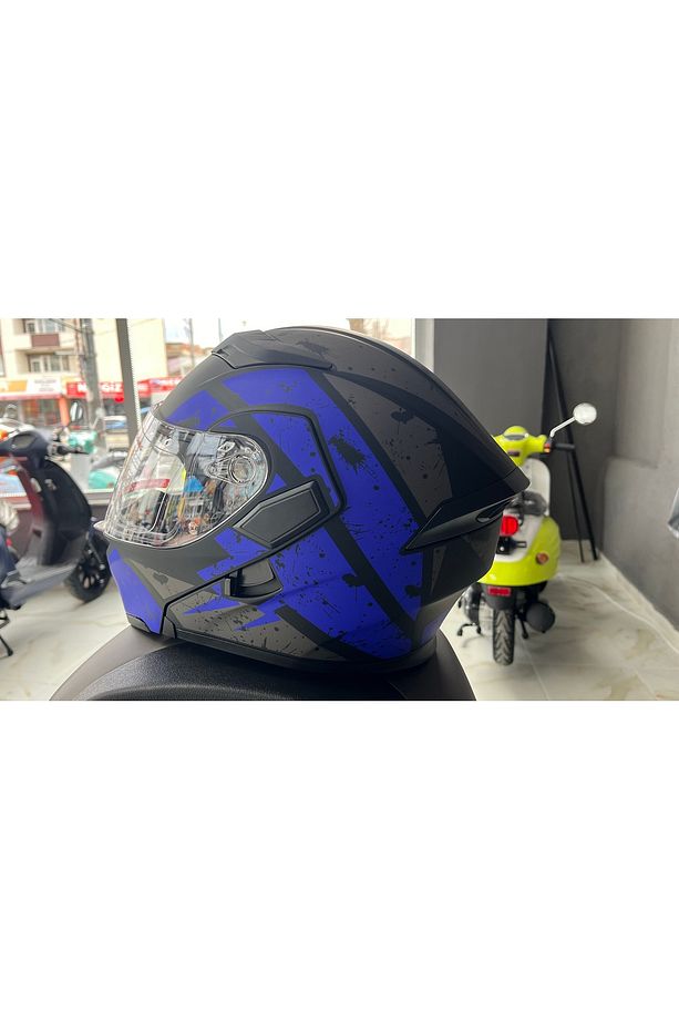 902 Mat Mavi Mat Siyah Çene Açılır Kask - 4