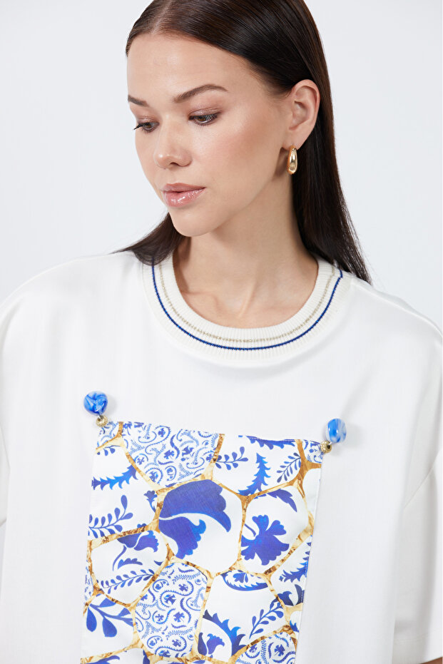 Desenli Ekru Basic Tshirt - 3