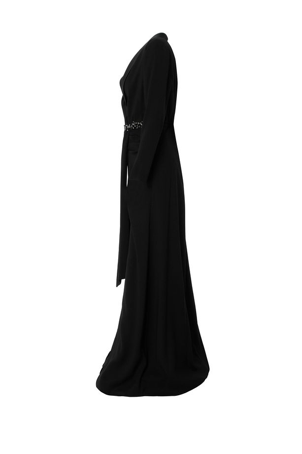 Drape Detaylı Işlemeli Uzun Siyah Elbise - 2