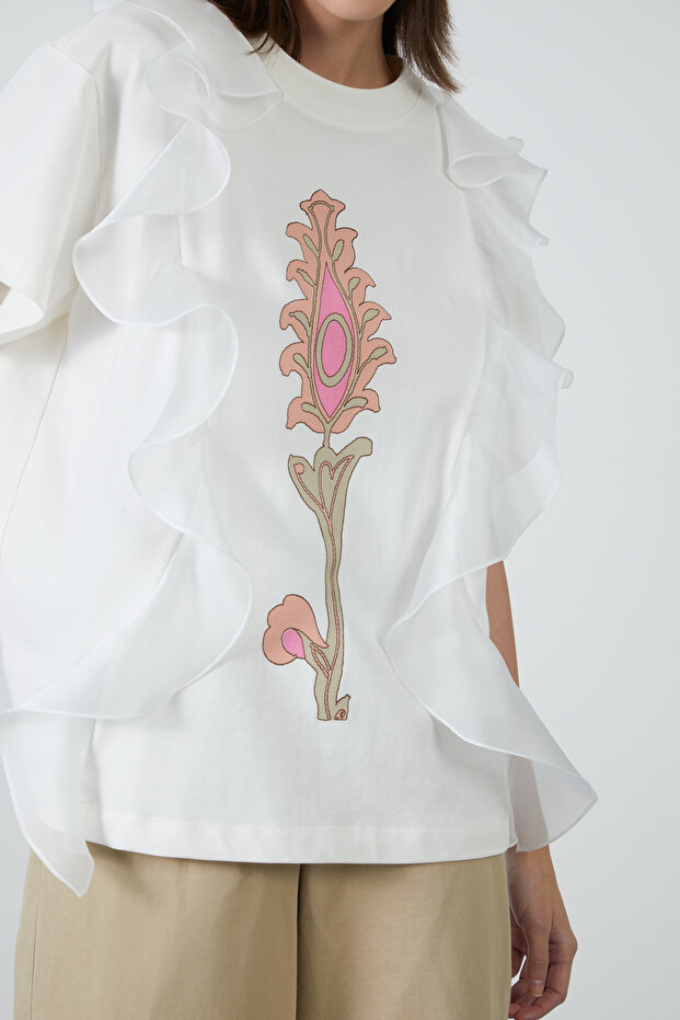 Önü Baskılı Beyaz Basic Tshirt - 4