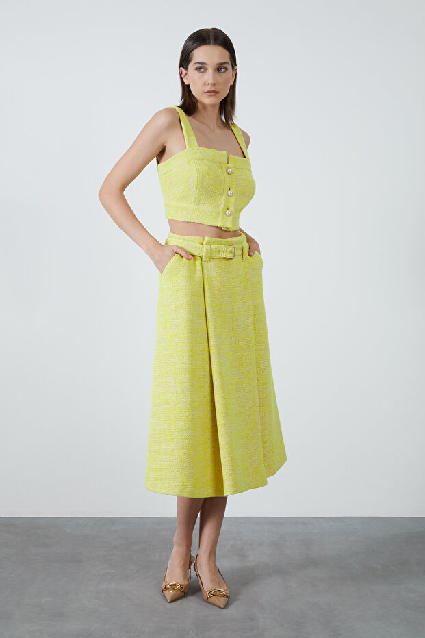 Kemerli Midi Tüvit Kumaş Etek - 3