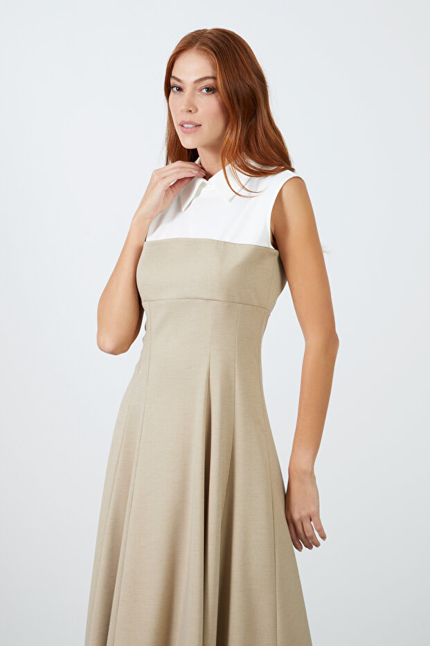 Shirt Collar Zero Sleeve Beige Long Dress
