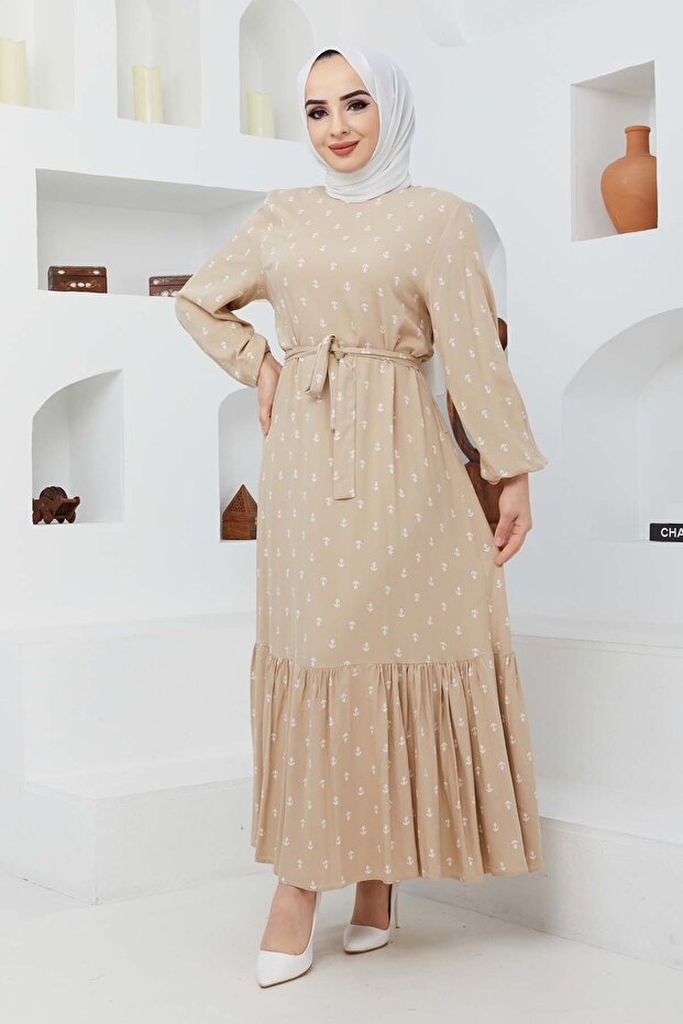 Çapa Viskon Elbise - Bej - 3