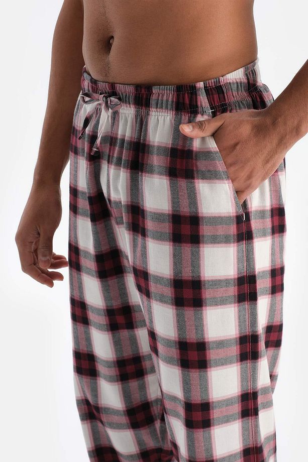 Ekru Nakış Detaylı Altı Dokuma Ekoseli Tişört Pantolon Pijama Takımı - 7