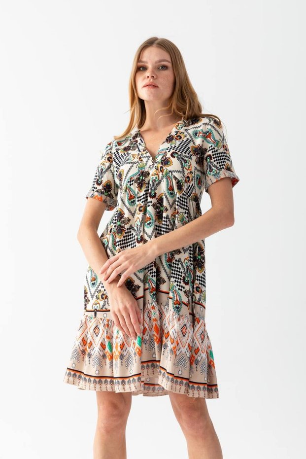 WOMEN'S V-NECK ETHNIC PATTERNED VISCOSE DRESS ZYN-58616